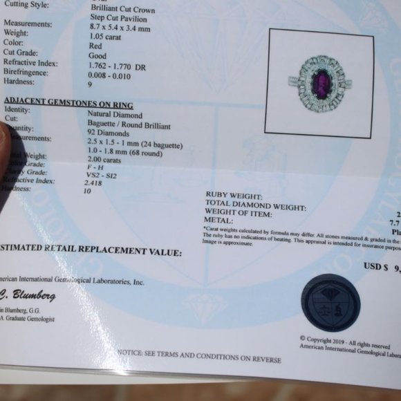 Certified Mozambique Ruby 1.05ct Diamonds Pla Ring - Picture 7 of 9